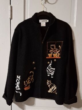 Compliments Black Cat Embroidered Zip-Front Jacket 100% Wool M (Mis191)